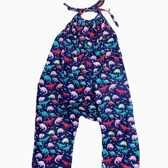 NWOT Dinosaur Romper Girls 2T Halter Backless Jumpsuit Pockets Soft Harem Pants - Picture 1 of 14